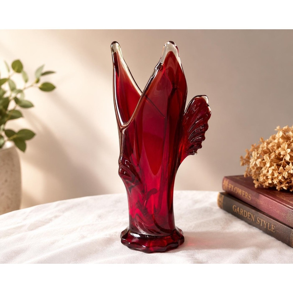 VTG Ruby Red Art Glass Vase Flying Fish Bud Vase Cranberry Glass